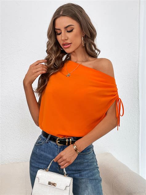 SHEIN Privé Blusa unicolor con cordón lateral de cuello asimétrico