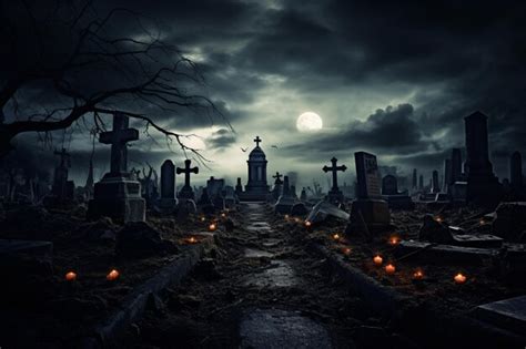 Premium AI Image Halloween Night Background Cemetery Or Graveyard In