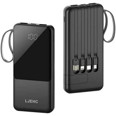 Portable Charger with Built in Cables,10000mAh Slim USB C Power Bank,5