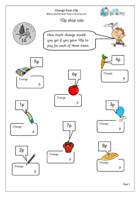 Change From 10p 2 Money Maths Worksheets For Year 1 Age 5 6 By