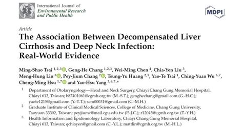 [快訊] 蔡明劭醫師團隊，研究代償失調肝硬化與深層頸部感染的相關性，獲 International Journal Of Environmental Research And Public