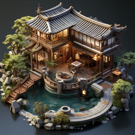 Isometric Illustration Of An Old Japanese Ryokan With A Serene Open Air Hot Spring Stock