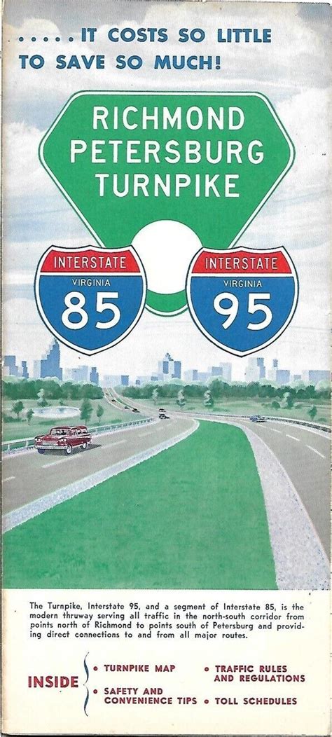 1963 Toll Road Map Brochure RICHMOND-PETERSBURG TURNPIKE Virginia I-95 ...