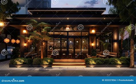 Modern Japanese Restaurant Exterior at Night Stock Photo - Image of ...