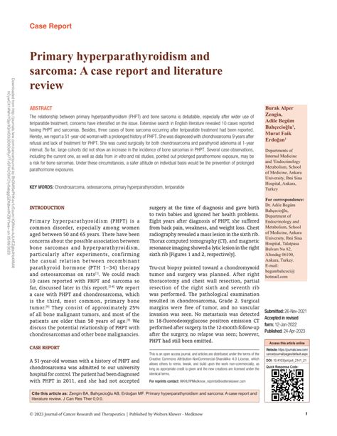 Pdf Primary Hyperparathyroidism And Sarcoma A Case Report And