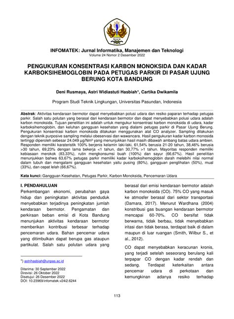 PDF Pengukuran Konsentrasi Karbon Monoksida Dan Kadar