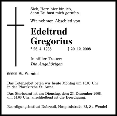 Traueranzeigen Von Edeltrud Gregorius Saarbruecker Zeitung Trauer De