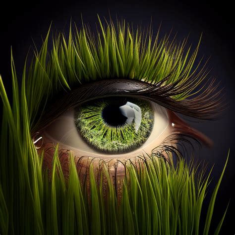 Human eye among green grass, grass on eyelashes. Unusual illustration ...