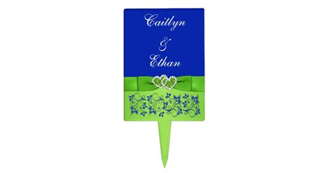 Blue Green Floral Hearts Wedding Cake Pick Zazzle