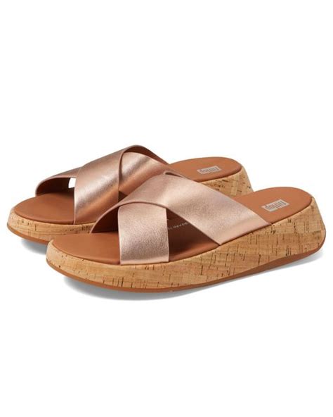 Fitflop F Mode Metallic Leather Cork Flatform Cross Slides In Brown Lyst