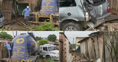 G1 Caminhão carregado cimento perde o freio e invade casa no