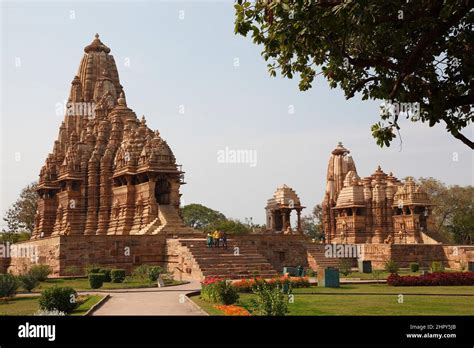 Kandariya Temple, Mahadeva Temple and Devi Jagadamba Temple in the western group at Khajuraho in ...