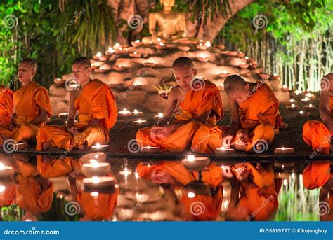 Visakha Puja Day Vesak Buddhist Monk Fire Candles And Pray To The Buddha In Chiang Mai Thailand