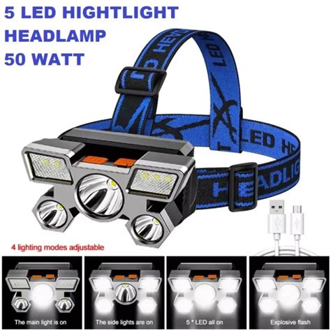 SENTER KEPALA MINI 5 LED 50W 10W HEADLAMP USB CHARGEABLE Senter