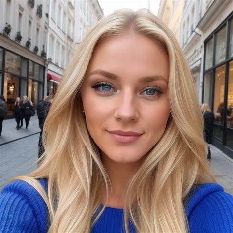 Blonde Woman With Blue Eyes Smiling Selfie Shopping In The City Sexy Red Outfit Seaart Ai