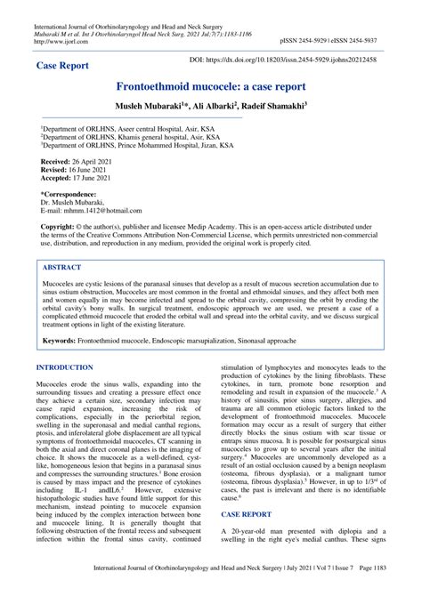 Pdf Frontoethmoid Mucocele A Case Report