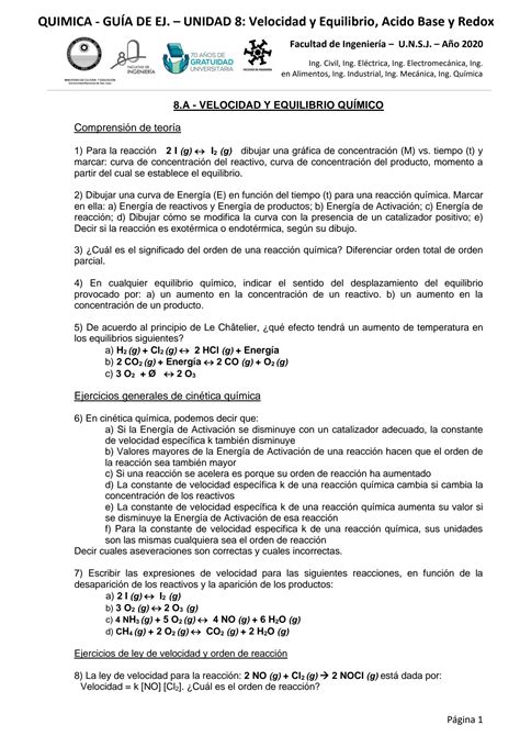 Solution Ejercicios Velocidad Y Equilibrio Quimico Acido Base Redox