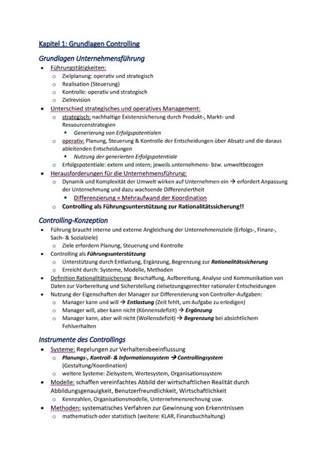 Bwl A Controlling Kapitel Grundlagen Controlling Grundlagen