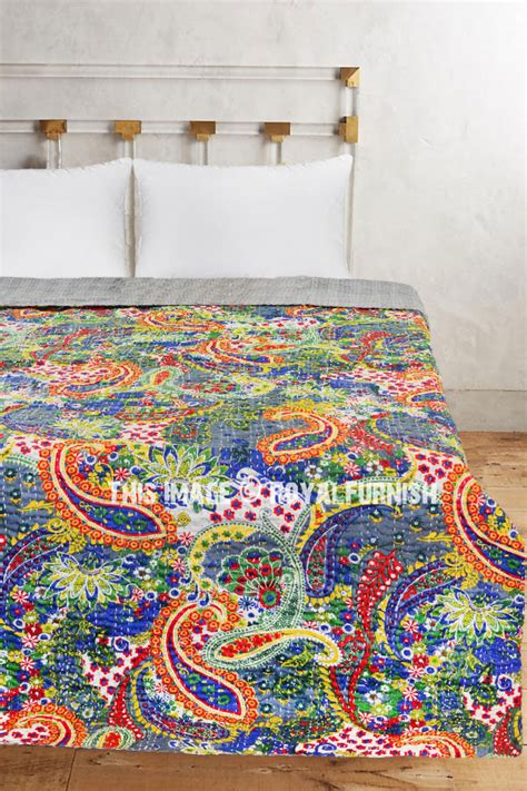 Colorful Multi Unique Paisley Printed Cotton Kantha Quilt Blanket Throw