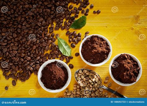 Roasted And Raw Coffee Beans With Grounds Stock Image Image Of