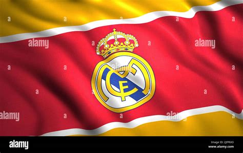 Wavy fabric with sports logo. Motion. 3D flag with emblem of Spanish ...