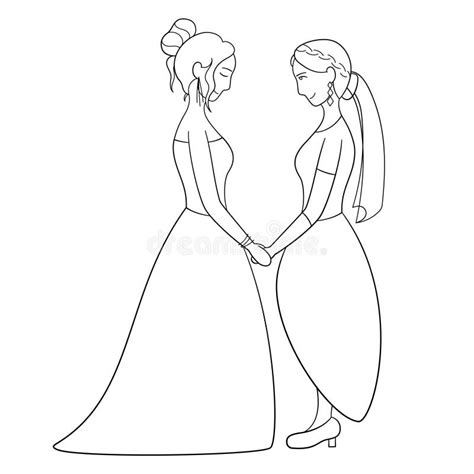 Outline Style Couple Of Lesbian Brides Holding Hands At The Wedding Stock Illustration