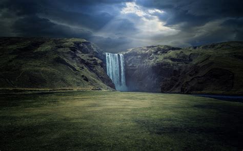 Waterfall Nature River Landscape Sun Rays Cliff Dark Clouds