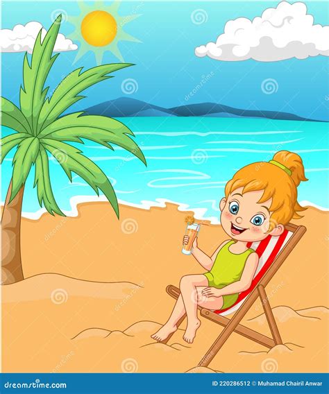 Cartoon Girl In Swimsuit Sunbathing At The Beach Stock Vector