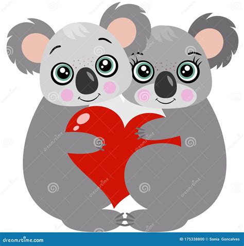 Pareja Linda De Koalas Sosteniendo Un Corazón Rojo Ilustración Del