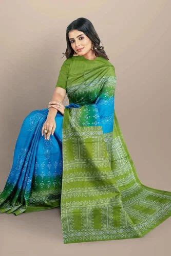 Block Prints Casual Wear Sky Blue And Green Cotton Mulmul Saree With