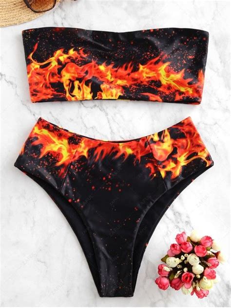 Off Zaful Fire Print High Leg Bandeau Bikini Swimsuit In