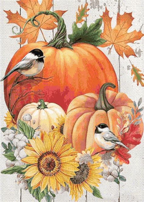 Pumpkins Flowers Birds Cross Stitch Pattern Look Buyers Can