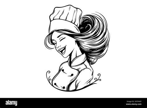 Smiley Woman Chef Ink Sketch In Engraving Style Drawing Young Female