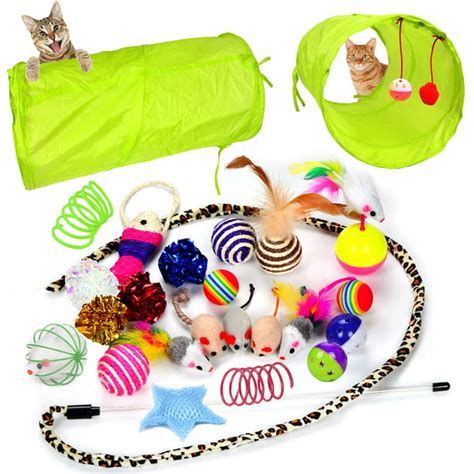 Youngever 24 Cat Toys Kitten Toys Assortments, 2 Way Tunnel, Cat Feather Teaser - Wand ...