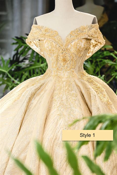 Light Gold Beaded Queen Style Sleeves Sparkle Ball Gown Wedding Dress