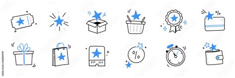 Doodle Exclusive Benefit Reward Loyalty Coupon Icon Set Hand Drawn