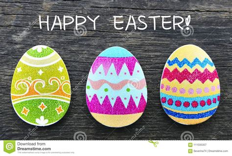 Happy Easter Card Colorful Handmade Easter Eggs On Old Wooden