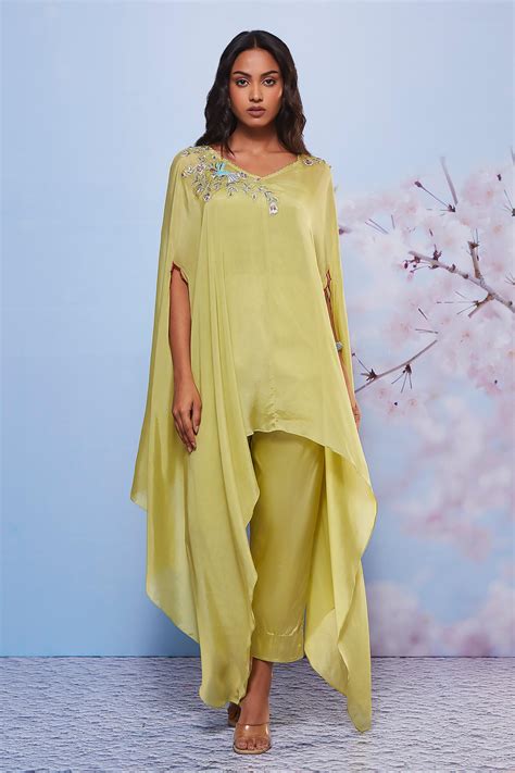 Buy Green Chiffon Embroidered Thread Cape V Neck And Pant Set For