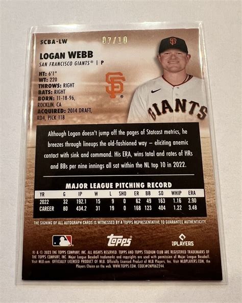 Topps Stadium Club Logan Webb Rainbow Foil Scba Lw Auto