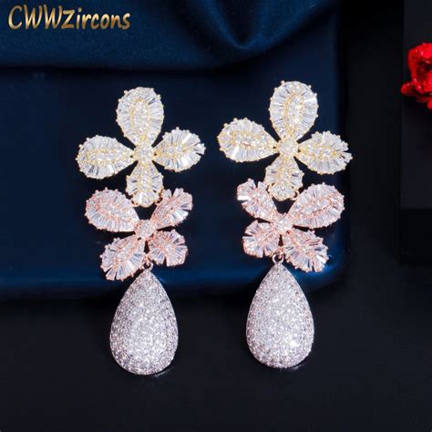 Cwwzircons Multi Tone Gold Color Cubic Zirconia Statement Luxury Long