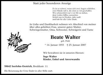 Traueranzeigen Von Beate Walter Trauer In NRW De