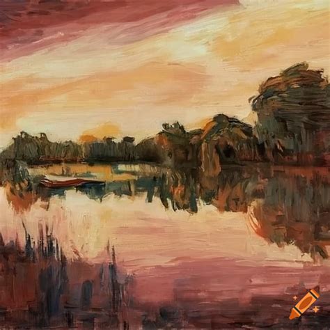 Impressionistic Painting Of A River With Boats And Forest Reflection On