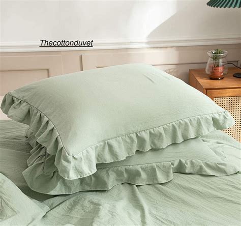 Ruffled Cotton Duvet Cover In Sage Green Bedding Set Ruffle Etsy Uk