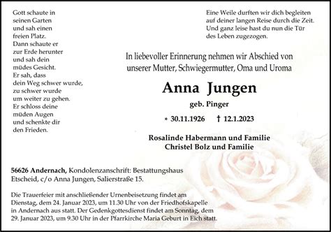 Traueranzeigen Von Anna Jungen Rz Trauer De