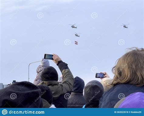 Spectators At The Parade Watch Helicopters Fly Stock Photo Image Of