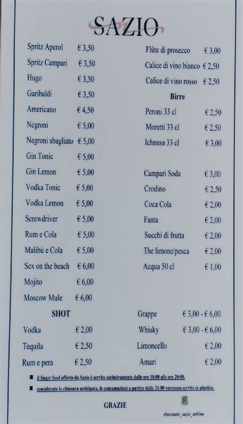 Menu Da Sazio Pub Bar Urbino