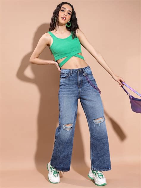 Buy Tokyo Talkies Blue Wide Leg Highly Distressed Jeans For Women