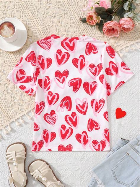Camiseta Fofa Casual Com Estampa De Coração Para O Dia Dos Namorados Para Meninas Pré