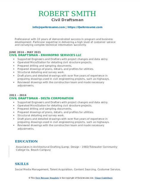 Civil Draftsman Resume Samples Qwikresume