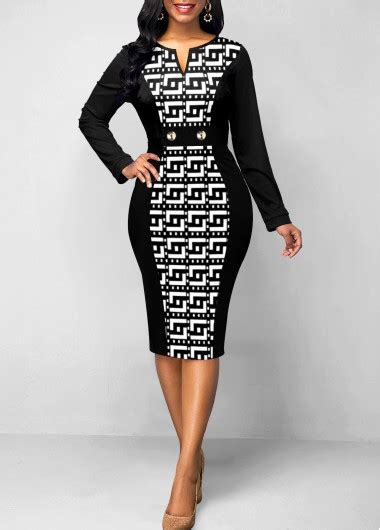 Rotita Patchwork Baroque Print Black Split Neck Bodycon Dress Rotita